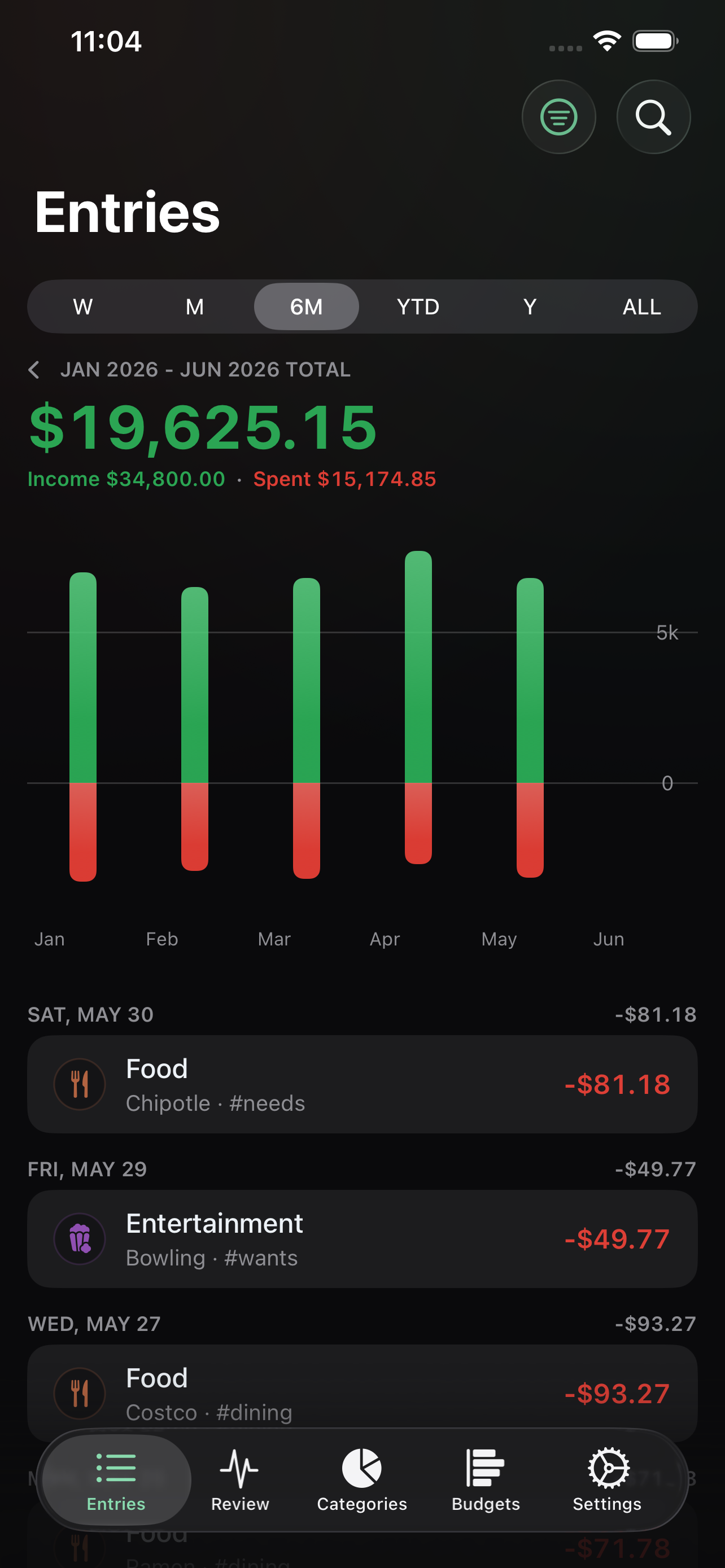 Entries screen